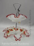 LOUISE PIPER STRAWBERRY 2 TIERED TID BIT W/PAINTED CREST TRIPLE SIGNED 1983