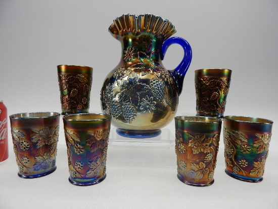 CA 1910 FENTON BLUE CARNIVAL FLORAL AND GRAPE 7 PC WATER SET