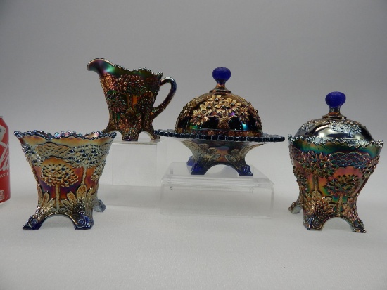 CA 1910 FENTON BLUE CARNIVAL ORANGE TREE 4 PC BREAKFAST SET MUSEUM NUMBERED SOME DAMAGE ON FEET