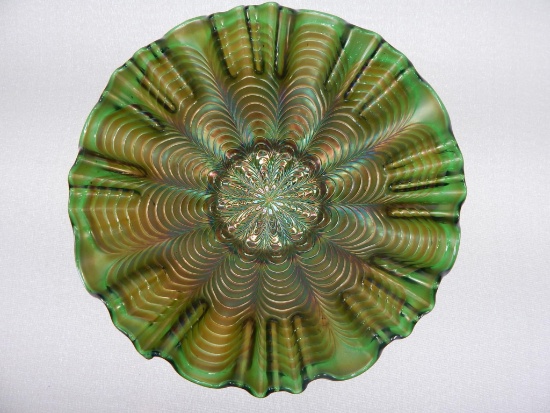 CA 1910 FENTON GREEN PEACOCK TAIL 9" BOWL (STACKING SCRATCHES ON BACK)