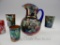 FENTON BLUE CARNIVAL HP ENAMEL CANNON BALL PITCHER W/3 TUMBLERS CA 1907 (PAINT LOSS/BLISTERS)