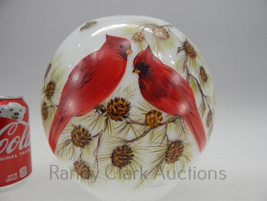 8" MILKGLASS BALL VASE HP LOUISE PIPER 1985 CHICKADEES AND CARDINALS