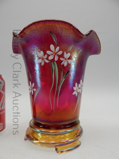 6" DIAMOND OPTIC FLIP VASE RED STRETCH HP W/ AUTUMN GOLD BASE