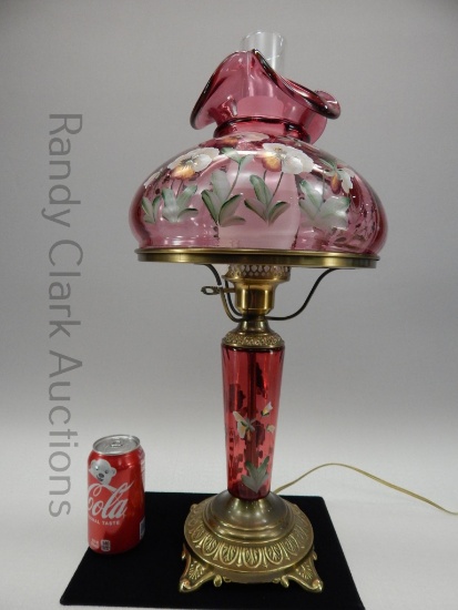 STUDENT LAMP W/ 10" CRANBERRY SHADE HP PANSIES - OLMSTEAD