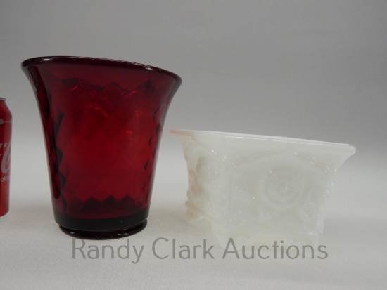 RUBY FLIP VASE (MARKED SECOND) AND 8" MILKGLASS FLOWER POT (CHIP ON FOOT)