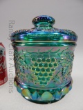 FENTON GREEN IRID GRAPE AND CABLE TOBACCO JAR