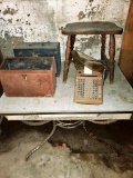 Table, adding machine, chair, boxes