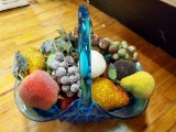 Blue Glass Basket With Artificial Fruit