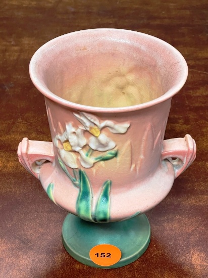 Roseville Pottery vase in pink/green Iris