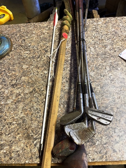 Snake Carved Walking Stick and Vintage Golf Clubs