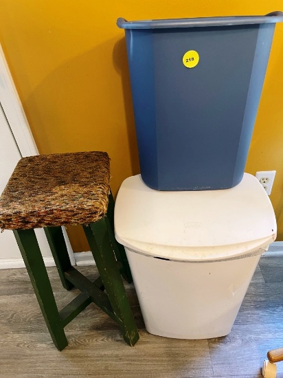 Wooden Stool and Wastebaskets