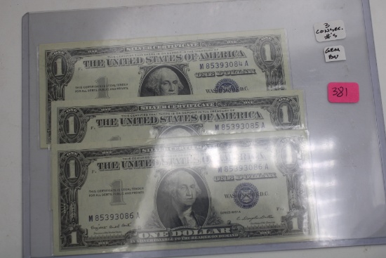 3 CONSECUTIVE SERIAL NUMERS $ SILVER CERTICATES IN PLASTIC