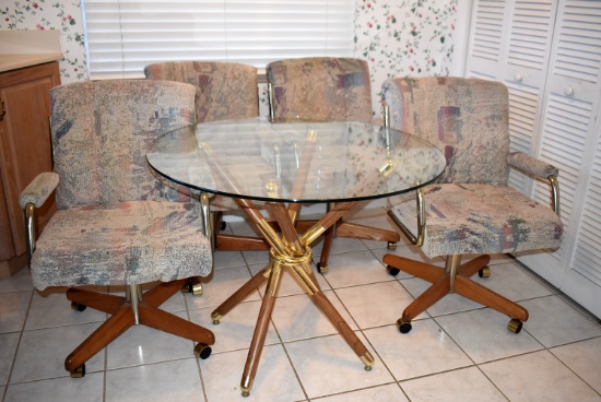 GLASS TOP DINETTE SET WITH 4 ROLLING CHAIRS