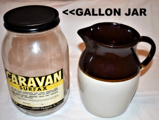 1950-60s GALLON JAR w/PRODUCT LABEL, ROBINSON RANSBOTTOM POTTERY PITCHER