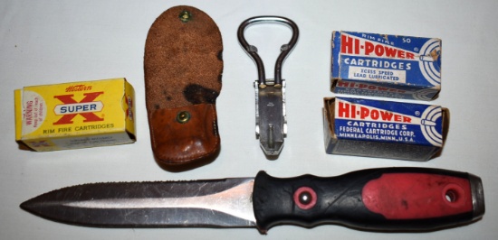 KNIFE, .22 Cal BULLETS, VINTAGE BOTTLE/CAN OPENER AND A LEATHER SHEATH