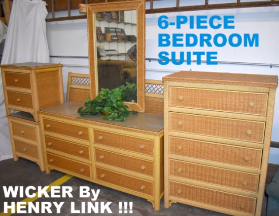 WICKER by HENRY LINK ~ SIX PIECE QUEEN BEDROOM SUITE with TALL POSTER BED