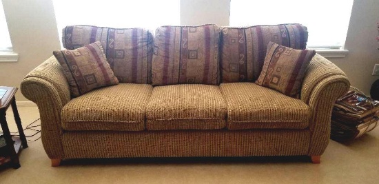 Outstanding Tan Base and Multi-color Corduroy Sofa, Love seat and Chair for Bid!