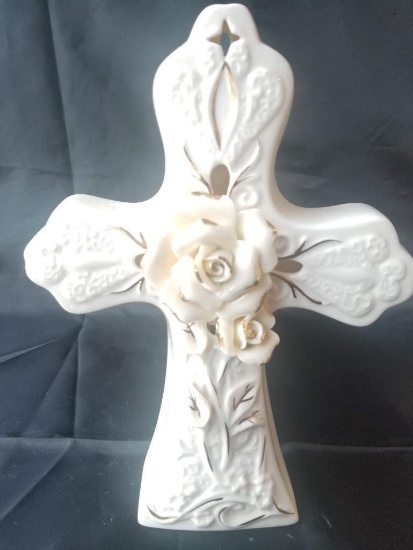 Glass Christian Cross with lovely Raised Flower trimmed in Gold.