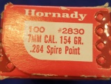 BULLETS, HORNADY, 7MM, 284 DIA, 154GR SPIKE POINT, PARTIAL BOX NEARLY FULL