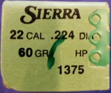 BULLETS, SIERRA VARMINTER, 22 CAL, 224 DIA, 60GR HP, PARTIAL BOX APPROXIMATELY 1/2 FULL