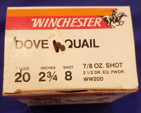 AMMO WINCHESTER DOVE & QUAIL 20 GAUGE SHOTGUN SHELLS, #8, 2.75", 1 BOX 25 RDS