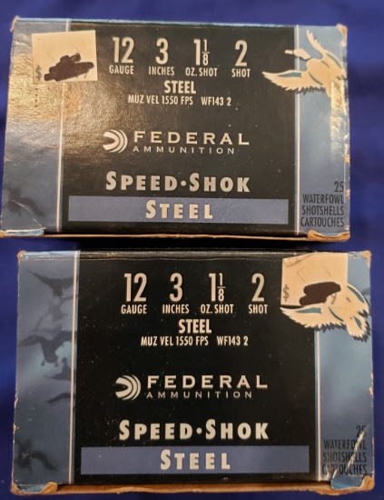 AMMO FEDERAL SPEED SHOK 12 GAUGE SHOTGUN SHELLS, #2 STEEL, 3", 2 BOXES 50 RDS