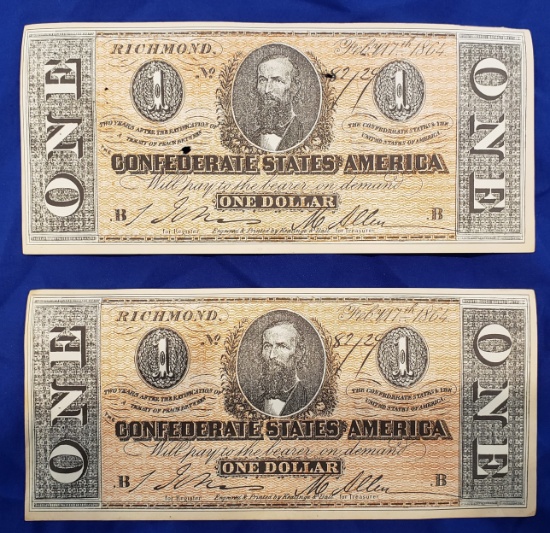 CONFEDERATE MONEY, TWO $1 BILLS