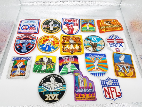 Vintage Circa 1983- 18 Pc Super Bowl Embroidered Patch Set Super Bowls 1-17 and NFL Logo Patch.  Thi