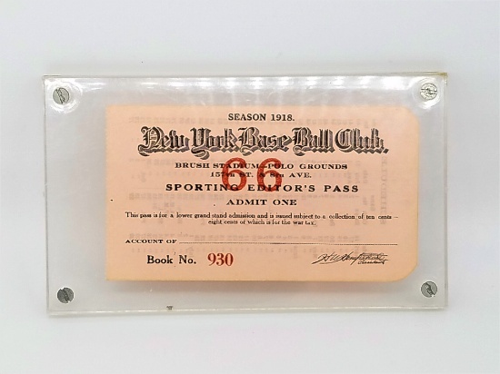 EXRREMELY RARE! Original 1918 NY Giants "NY BASE BALL CLUB" "SPORTING EDITOR's PASS" For Sept 20th 1