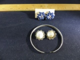 White Brass Bracelet, Jewelry Pair of Earrings, Japan Vintage White Stones