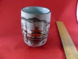 Asian Style Tea Cup Painted House and Mountains , Ribbed Sides signed on the bottom