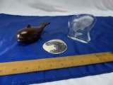 Figurines 3 Whales 1 Painted on a Sand dollar, 1 Wood, 1 Etched in Glass