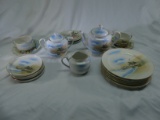 Pre WWII Porcelain Japanese Tea Set Painted Village Lake and Mountain Design