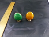 Sterling Silver Green And Orange Enameled Salt & Pepper Shakers