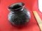 Black On Black Antique Pottery Jar Hand Carved Flower Design Graphite Color Round Bottom