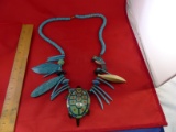 Wood Turtle Necklace With Leaves, Bird And Beads