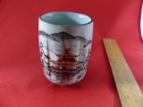Asian Style Tea Cup Painted House And Mountains , Ribbed Sides Signed On The Bottom