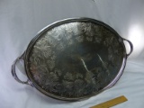 Vintage Oval Silver Serving Tray Ornate Floral Pattern And Handles