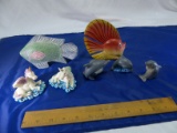 Figurines 2 Unicorns, Fm6474, Made In China, 3 Dolphins, 1 Fish Wood Color Green, 1 Fish Multi Color