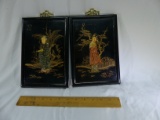 1920's, 30's Hand Carved Jade Husband And Wife Figurines In Lacquered Frame