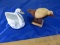 1 Swan Goldcastle Dish made in Japan, 1 Wood Hand Carved Bird on Stand Figurines