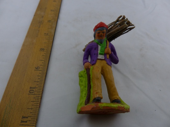 Man with Cane and Wood Bundle Clay Figurine  Santons Fouque Provence France