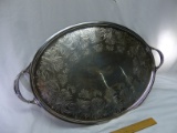 Vintage Oval Silver Serving Tray Ornate Floral Pattern and Handles