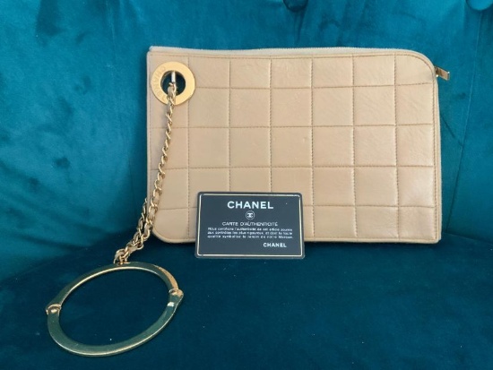Chanel Beige Pouchette with gold wristlet chain