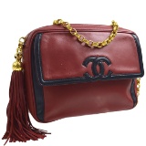 CHANEL CC Chain Fringe Shoulder Bag Red Navy Leathe