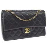 CHANEL CC Double Flap Chain Shoulder Bag Black Leather