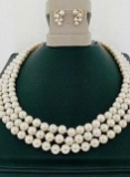 Japanese Akoya Pearl Necklace Diamond Earrings Set