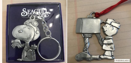 Snoopy Redbaron Keychain & Charlie Brown Ornament - Both Pewter