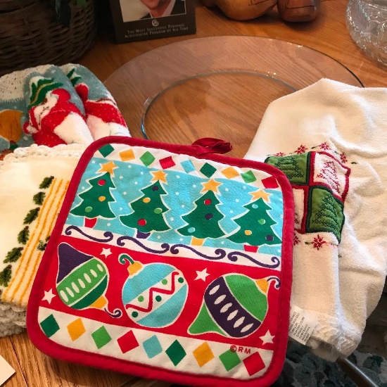 Lot of Christmas/Holiday Towels, Potholders, and Platter