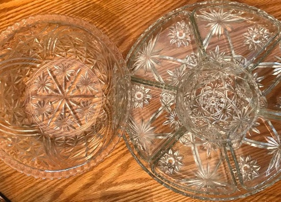 Vintage Cut Glass Relish Tray and Glass Bowl